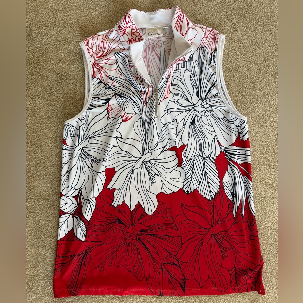 Dexim Golfwear Red and White Floral Sleeveless Blouse